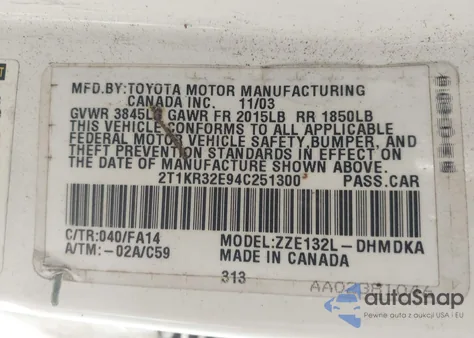 2004 Toyota Matrix Standard z USA, uszkodzony, nr VIN 2T1KR32E94C251300